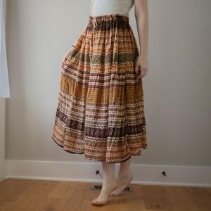 Vintage Boho Brown Yellow Cotton Drawstring Single Stitch Festival Maxi Skirt
